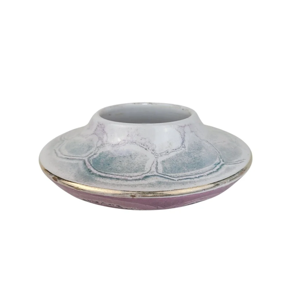Vintage Italian Iridescent Ikebana Vase Mid Century‎ Pink Green Gold Rim